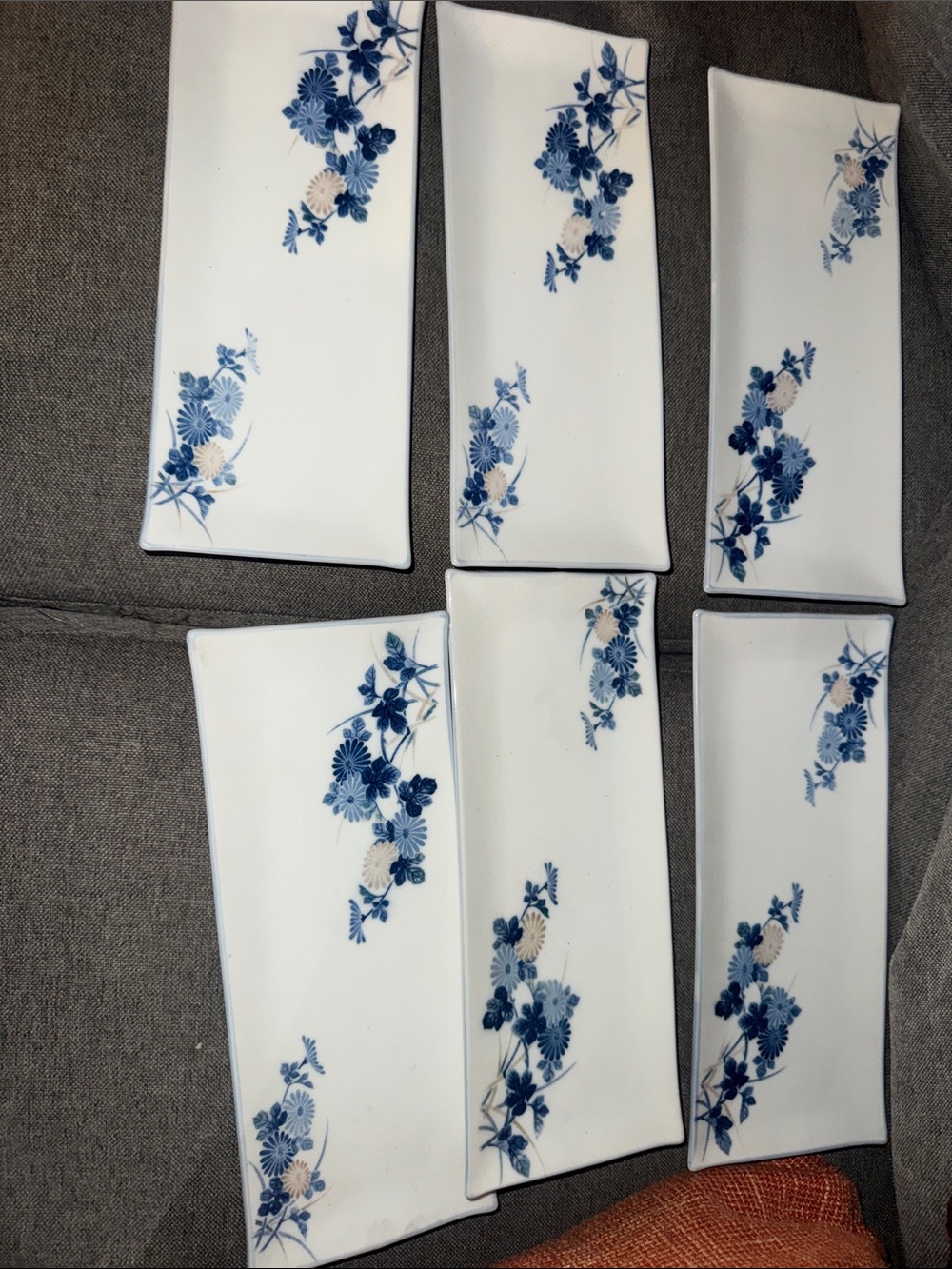 Vintage Japanese Sometsuke Blue White Rectangular Plates Set of 6 Chrysanthemum